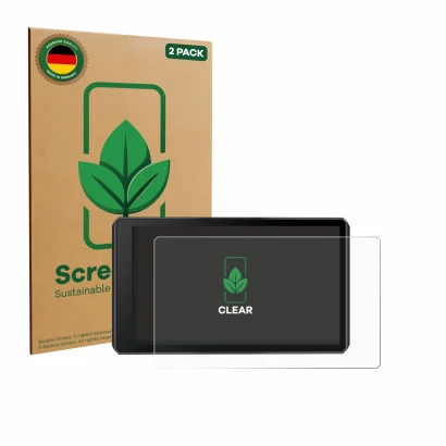 Front side of a product packaging with the brand logo ScreenLeaf. Next to it is the device Garmin zumo XT3 6" shown with the c