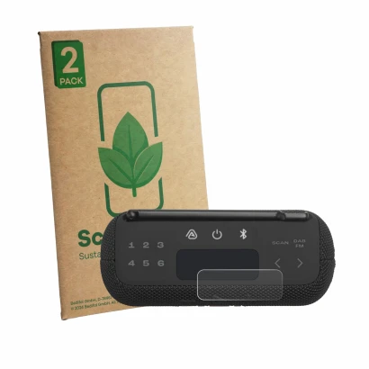 Front side of a product packaging with the brand logo ScreenLeaf. Next to it is the device JBL Tuner 3 shown with the correspo