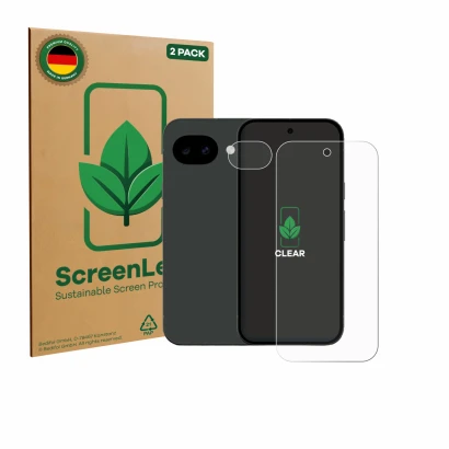 Front side of a product packaging with the brand logo ScreenLeaf. Next to it is the device Google Pixel 10a (Front+Camera) sho