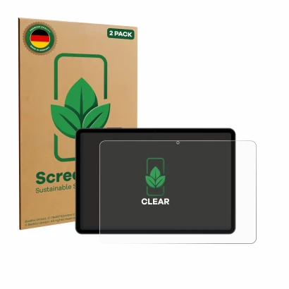 Front side of a product packaging with the brand logo ScreenLeaf. Next to it is the device Doogee Tab A9 Pro shown with the co