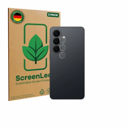 Front side of a product packaging with the brand logo ScreenLeaf. Next to it is the device Samsung Galaxy S26 (ONLY Camera Len