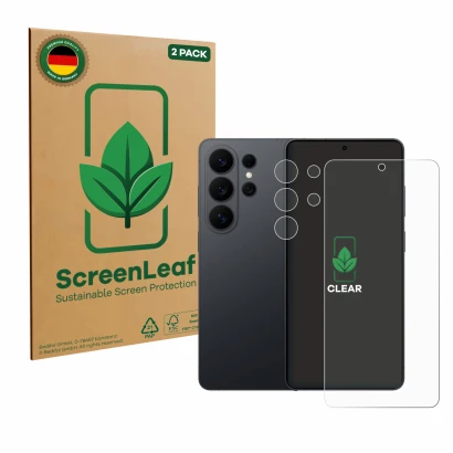 Front side of a product packaging with the brand logo ScreenLeaf. Next to it is the device Samsung Galaxy S26 Ultra (Front+Cam