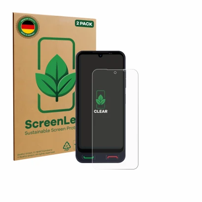 Front side of a product packaging with the brand logo ScreenLeaf. Next to it is the device SPC Zeus 2 Pro shown with the corre