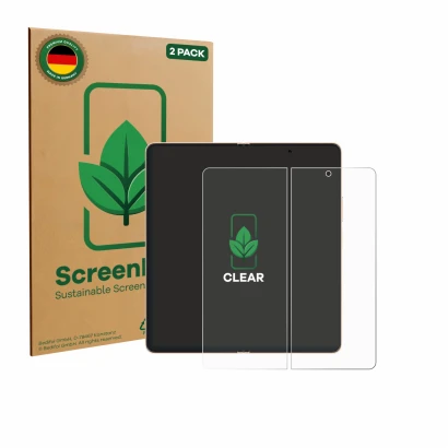 Front side of a product packaging with the brand logo ScreenLeaf. Next to it is the device Honor Magic V6 (Inner display) show