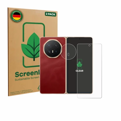 Front side of a product packaging with the brand logo ScreenLeaf. Next to it is the device Honor Magic V6 (Front+Camera) shown