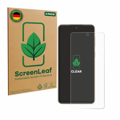 Front side of a product packaging with the brand logo ScreenLeaf. Next to it is the device Samsung Galaxy F55 shown with the c