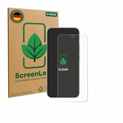 Front side of a product packaging with the brand logo ScreenLeaf. Next to it is the device Huawei Nova 15 shown with the corre