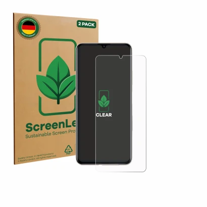 Front side of a product packaging with the brand logo ScreenLeaf. Next to it is the device Huawei Nova Y71 shown with the corr