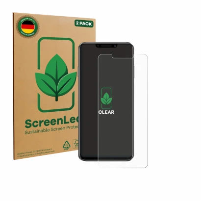 Front side of a product packaging with the brand logo ScreenLeaf. Next to it is the device Huawei Enjoy 60X shown with the cor