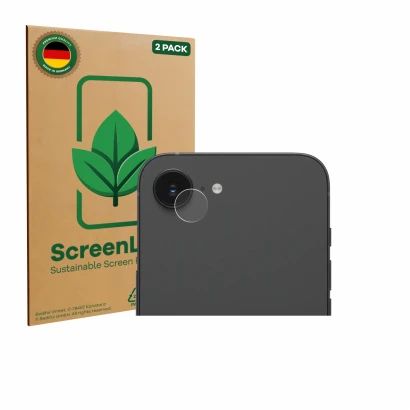 Front side of a product packaging with the brand logo ScreenLeaf. Next to it is the device Apple iPhone 17e (ONLY Camera Lens)