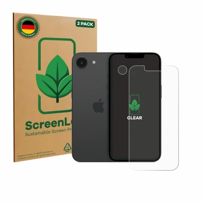 Front side of a product packaging with the brand logo ScreenLeaf. Next to it is the device Apple iPhone 17e (Front+Camera) sho