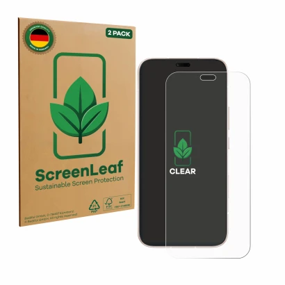 Front side of a product packaging with the brand logo ScreenLeaf. Next to it is the device Honor 600 Lite shown with the corre