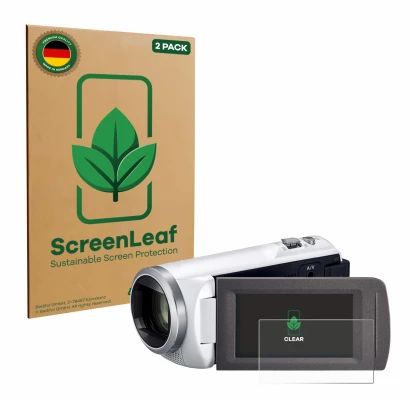 Front side of a product packaging with the brand logo ScreenLeaf. Next to it is the device Panasonic HC-V480MS shown with the 