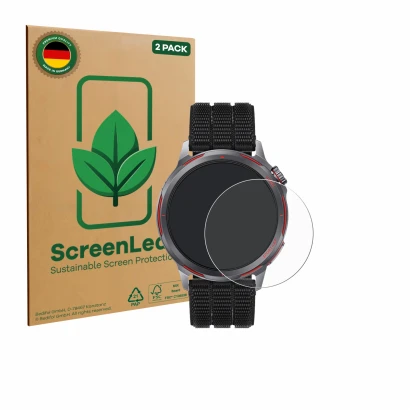 Front side of a product packaging with the brand logo ScreenLeaf. Next to it is the device Huawei Watch GT Runner 2 shown with