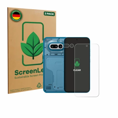 Front side of a product packaging with the brand logo ScreenLeaf. Next to it is the device Nothing Phone (4a) (Front+Camera) s