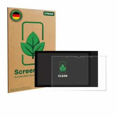 Front side of a product packaging with the brand logo ScreenLeaf. Next to it is the device Shelly Wall Display XL shown with t