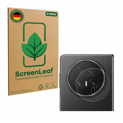 Front side of a product packaging with the brand logo ScreenLeaf. Next to it is the device Honor Magic V5 (ONLY Camera Lens) s
