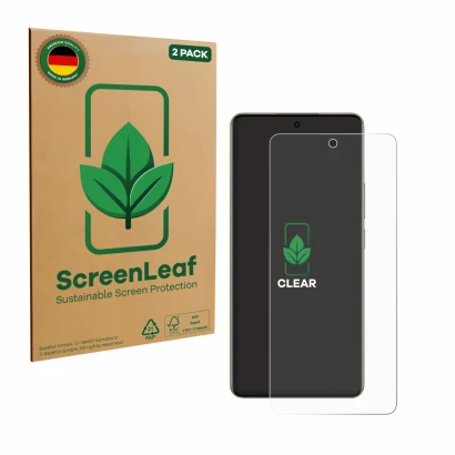 Front side of a product packaging with the brand logo ScreenLeaf. Next to it is the device realme 16 shown with the correspond