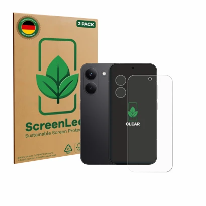 Front side of a product packaging with the brand logo ScreenLeaf. Next to it is the device Xiaomi Poco X8 Pro (Front+Camera) s