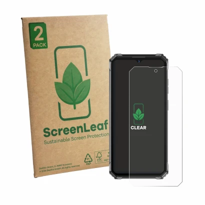 Front side of a product packaging with the brand logo ScreenLeaf. Next to it is the device Oukitel G7 shown with the correspon