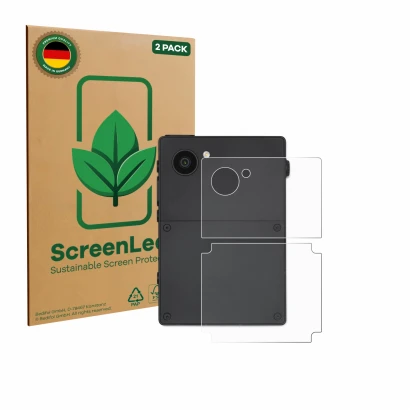 Front side of a product packaging with the brand logo ScreenLeaf. Next to it is the device Light Phone 3 (Back) shown with the