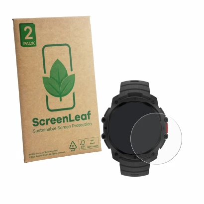 Front side of a product packaging with the brand logo ScreenLeaf. Next to it is the device Polar Street X shown with the corre