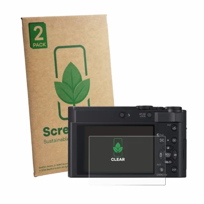 Front side of a product packaging with the brand logo ScreenLeaf. Next to it is the device Panasonic Lumix DC-TZ300 shown with