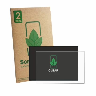 Front side of a product packaging with the brand logo ScreenLeaf. Next to it is the device CrossControl CCpilot V700 shown wit