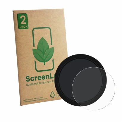 Front side of a product packaging with the brand logo ScreenLeaf. Next to it is the device Shearwater NERD 2 dive computer sho