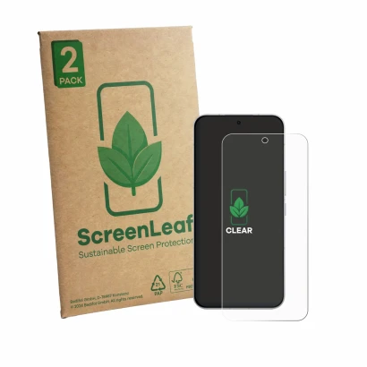 Front side of a product packaging with the brand logo ScreenLeaf. Next to it is the device Oppo K15 Pro Plus shown with the co
