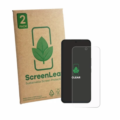 Front side of a product packaging with the brand logo ScreenLeaf. Next to it is the device Oppo K15 Pro shown with the corresp