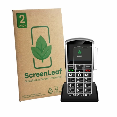 Front side of a product packaging with the brand logo ScreenLeaf. Next to it is the device Artfone A400 Pro 4G shown with the 