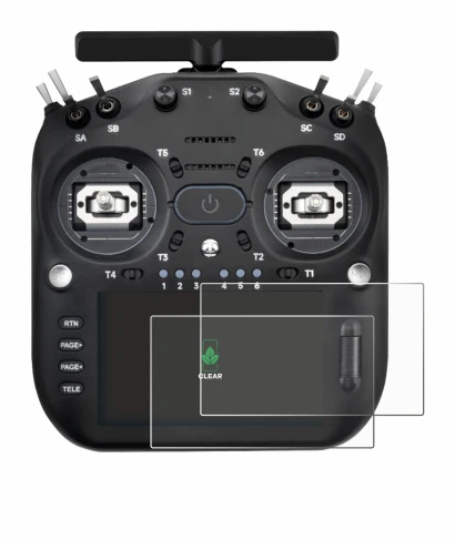 Image of the device Radiomaster TX16S MK3 with a wide variety of screen protectors.