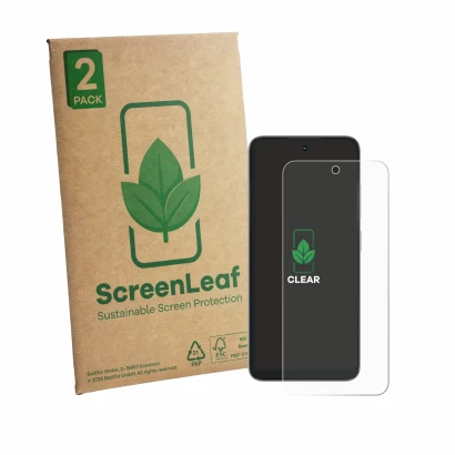 Front side of a product packaging with the brand logo ScreenLeaf. Next to it is the device ZTE Nubia Focus 2 shown with the co