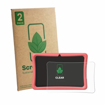 Front side of a product packaging with the brand logo ScreenLeaf. Next to it is the device Tabwee K10 shown with the correspon