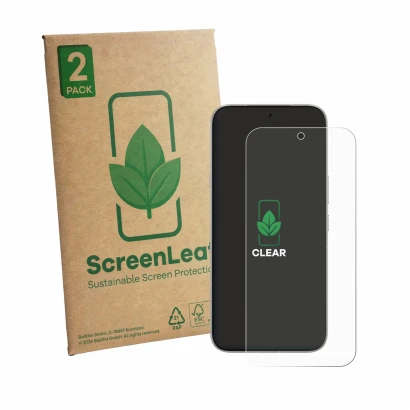 Front side of a product packaging with the brand logo ScreenLeaf. Next to it is the device Infinix Note 60 shown with the corr