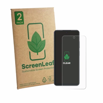Front side of a product packaging with the brand logo ScreenLeaf. Next to it is the device Realme C73 shown with the correspon