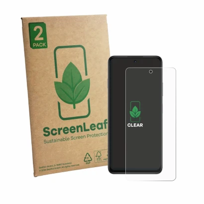 Front side of a product packaging with the brand logo ScreenLeaf. Next to it is the device Huawei Enjoy 90 Plus shown with the