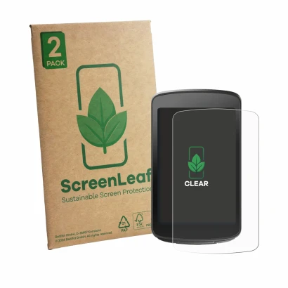 Front side of a product packaging with the brand logo ScreenLeaf. Next to it is the device Magene C706 shown with the correspo