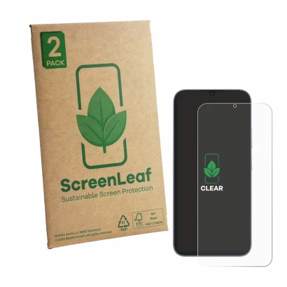 Front side of a product packaging with the brand logo ScreenLeaf. Next to it is the device realme C100i shown with the corresp
