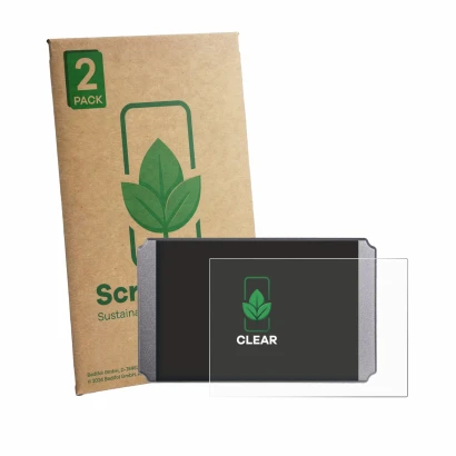 Front side of a product packaging with the brand logo ScreenLeaf. Next to it is the device Windmeile KT-LCD8H shown with the c