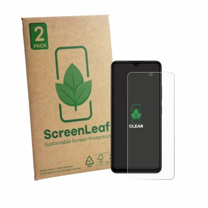 Front side of a product packaging with the brand logo ScreenLeaf. Next to it is the device Xiaomi Redmi A3 Pro shown with the 