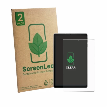 Front side of a product packaging with the brand logo ScreenLeaf. Next to it is the device Acer Iconia Tab A11 shown with the 