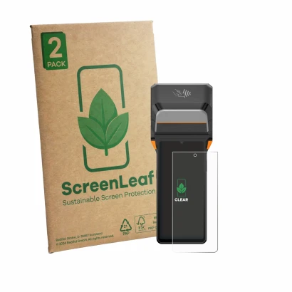 Front side of a product packaging with the brand logo ScreenLeaf. Next to it is the device Sunmi V3 Plus shown with the corres