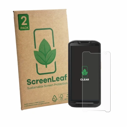 Front side of a product packaging with the brand logo ScreenLeaf. Next to it is the device Point Mobile PM84P shown with the c