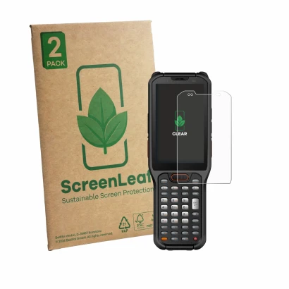 Front side of a product packaging with the brand logo ScreenLeaf. Next to it is the device Urovo RT40S shown with the correspo
