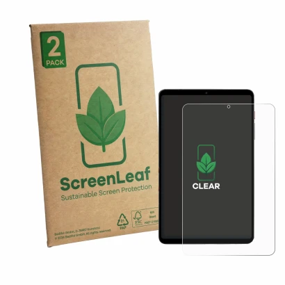 Front side of a product packaging with the brand logo ScreenLeaf. Next to it is the device BNCF BPad T1 shown with the corresp