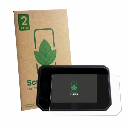 Front side of a product packaging with the brand logo ScreenLeaf. Next to it is the device Yamaha Tracer 9 2025 shown with the