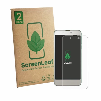 Front side of a product packaging with the brand logo ScreenLeaf. Next to it is the device Sharp Aquos SHV37 shown with the co