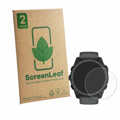 Front side of a product packaging with the brand logo ScreenLeaf. Next to it is the device Garmin Tactix 8 Amoled Cerakote (51